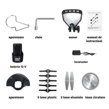 Încarcă imaginea în vizualizatorul Galerie, NOU - Motocoasa Fara Fir, Cu 1 Acumulator De 12V, Maner Reglabil, Viteza 18000 rpm, Diametru Lama 11-15 cm, Verde