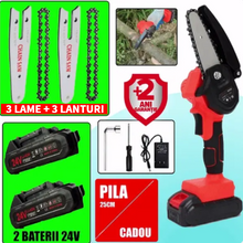 Încarcă imaginea în vizualizatorul Galerie, NOU - Pachet Promotional: Drujba Electrica Cu 2 x Baterie 24V+ 3 x Lant + 3 x Lama, 4 Inch + CADOU Pila 25cm + Geanta Depozitare
