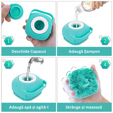 Încarcă imaginea în vizualizatorul Galerie, NOU - Burete Din Silicon Cu Rezervor Pentru Sampon Si Gel De Dus, Capacitate 80 ml, Turcoaz