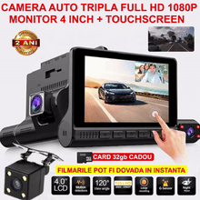 Încarcă imaginea în vizualizatorul Galerie, NOU - Camera auto TRIPLA Full HD cu monitor de 4 INCH pentru bord cu touchscreen si unghi larg de filmare de 170 grade