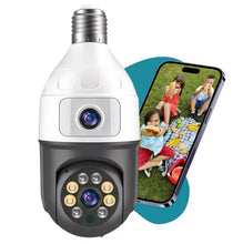 Încarcă imaginea în vizualizatorul Galerie, NOU - Camera Inteligenta De Supraveghere, cu 2 Lentile, Tip Bec, Conexiune Wifi, Aplicatie Telefon si Microfon Incorporat + Card 32GB Cadou