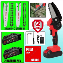 Încarcă imaginea în vizualizatorul Galerie, NOU - LICHIDARE STOC: Mini Fierastrau Electric Cu Acumulatori 24V, 2x Baterie + 2x Lant + 2x Lama, 4 Inch + CADOU pila 25cm + GEANTA de depozitare