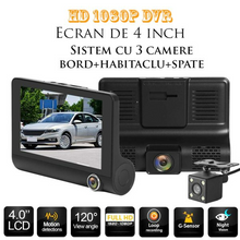 Încarcă imaginea în vizualizatorul Galerie, NOU - Camera auto TRIPLA Full HD cu monitor de 4 INCH pentru bord cu touchscreen si unghi larg de filmare de 170 grade