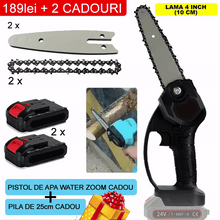 Încarcă imaginea în vizualizatorul Galerie, NOU - Pachet PROMO: Mini Fierastrau Electric Cu Acumulatori 24V, 2x Baterie + 2x Lant + 2x Lama, 4 Inch + CADOU Water Zoom