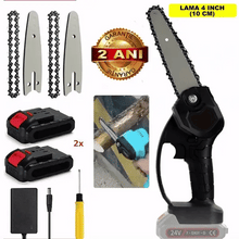 Încarcă imaginea în vizualizatorul Galerie, NOU - Pachet PROMO: Mini Fierastrau Electric Cu Acumulatori 24V, 2x Baterie + 2x Lant + 2x Lama, 4 Inch + CADOU pila 25cm