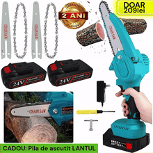 Încarcă imaginea în vizualizatorul Galerie, NOU - Pachet PROMO: Mini Fierastrau Electric Cu Acumulatori 24V, 2x Baterie + 2x Lant + 2x Lama, 6 Inch + CADOU pila 25cm