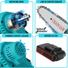 Încarcă imaginea în vizualizatorul Galerie, NOU - Lichidare STOC: Mini Fierastrau Electric Cu Acumulatori 24V, 2x Baterie + 2x Lant + 2x Lama, 6 Inch + CADOU pila 25cm+CADOU Cutie De Depozitare