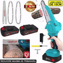 Încarcă imaginea în vizualizatorul Galerie, NOU - PACHET PROMO: Mini Fierastrau Electric Cu 2x Acumulatori + 2x Lant + 1x Lama, 6 Inch