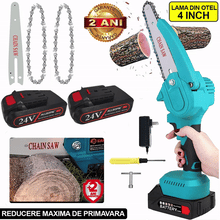 Încarcă imaginea în vizualizatorul Galerie, NOU - PACHET PROMO: Mini Fierastrau Electric Cu 2x Acumulatori + 2x Lant + 1x Lama, 4 Inch