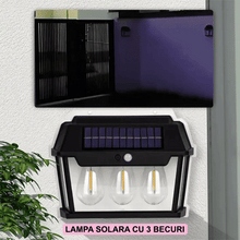Încarcă imaginea în vizualizatorul Galerie, NOU -Lampa Solara De Perete Cu 3 Becuri LED, Cu Senzor de Miscare si Lumina, 3 Moduri de Iluminare, Rezistenta la Apa