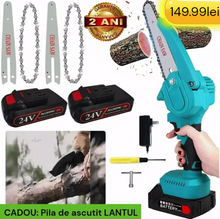 Încarcă imaginea în vizualizatorul Galerie, NOU - Lichidare STOC: Mini Fierastrau Electric Cu Acumulatori 24V, 2x Baterie + 2x Lant + 2x Lama, 6 Inch + CADOU pila 25cm+CADOU Cutie De Depozitare
