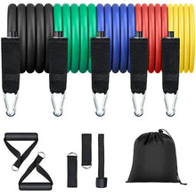Încarcă imaginea în vizualizatorul Galerie, NOU - Set 11 bucati extensor fitness cu corzi elastice latex, manere, ancora usa si curele pentru glezna
