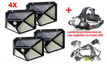 Încarcă imaginea în vizualizatorul Galerie, Set 4 x Lampa 100 LED cu panou solar, senzor de miscare +CADOU Lanterna profesionala de cap reglabila cu triplu LED