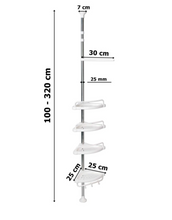 Încarcă imaginea în vizualizatorul Galerie, NOU: Raft pentru baie, ProCart, 4 nivele, 3 carlige, suport prosop, reglabil 100-320 cm, montare pe colt, alb