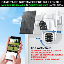 Încarcă imaginea în vizualizatorul Galerie, NOU - Camera de supraveghere JORTAN cu 2 lentile rotative, conexiune WiFi si INCARCARE SOLARA
