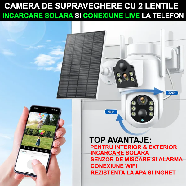 NOU - Camera de supraveghere JORTAN cu 2 lentile rotative, conexiune WiFi si INCARCARE SOLARA