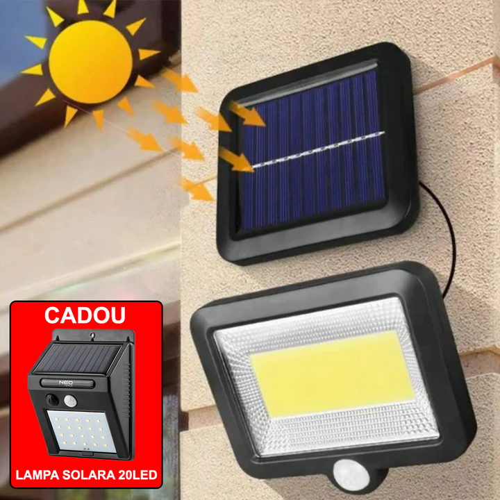 NOU - Lampa Cu Incarcare Solara, Cu Telecomanda si Senzor de Miscare, 100 LED COB + Lampa Cu Incarcare Solara 20 LED, CADOU