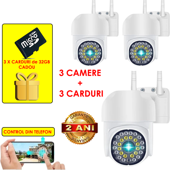NOU - Set 3 Camere De Supraveghere Jortan JT8161QJ, Cu Senzor de Miscare, Conexiune Wifi, Vizualizare Live Pe Telefon + 3 Carduri 32 GB CADOU