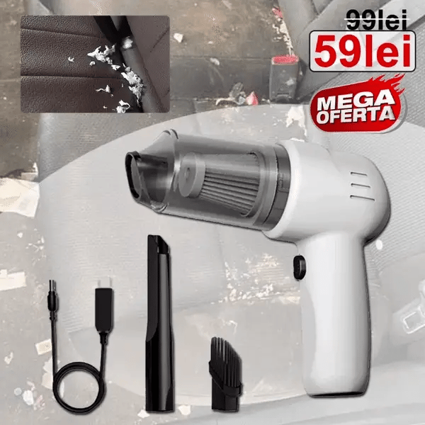 NOU - Mini Aspirator Portabil Pentru Masina, Reincarcare la USB + 3 Capete De Aspirare Diferite