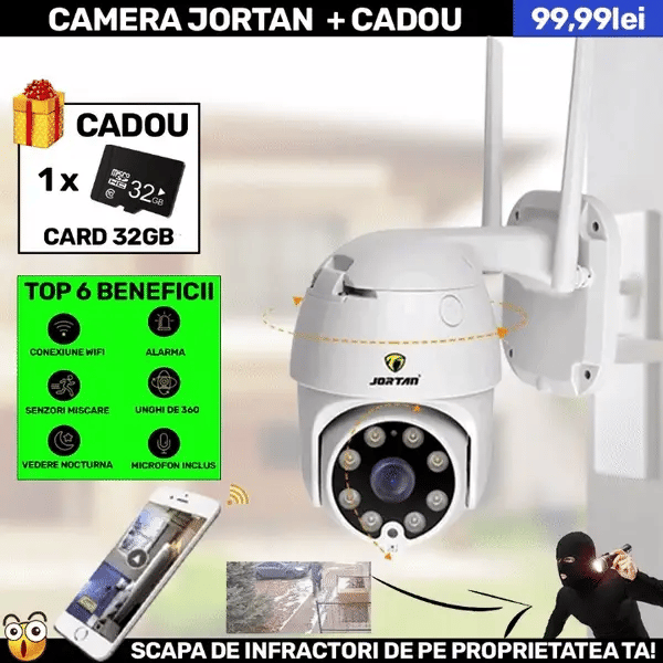 NOU - Camera Smart Color Jortan Surveillance® Wifi, IP Vizualizare Live Prin Aplicatie, Senzor de Miscare + CARD CADOU