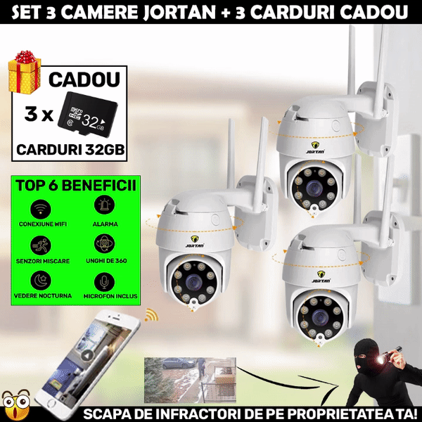 NOU - LICHIDARE DE STOC: SET 3 X Camera Smart Color Jortan Surveillance3® Wifi, IP Vizualizare Live Prin Aplicatie, Senzor de Miscare + 3 CARDURI CADOU, CW3.3
