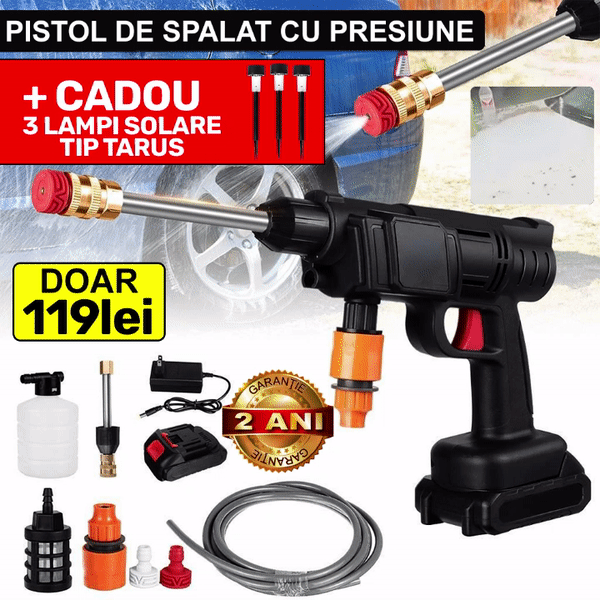 NOU - Pachet PROMO: Pistol presiune 8l/min acumulator 48V + CADOU 3 x Lampi Solare