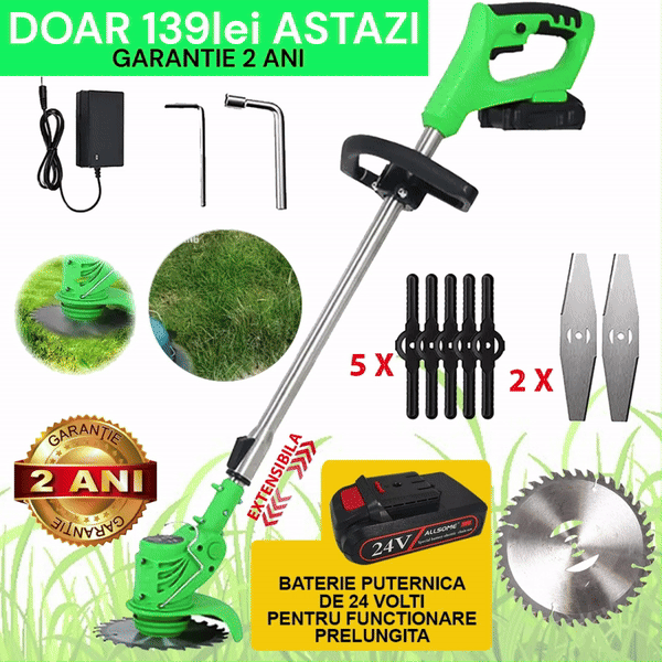 NOU - Motocoasa Portabila Cu Acumulator de 24V, Putere 800W, Cu Brat Extensibil, Pentru Gazon, 8 Accesorii