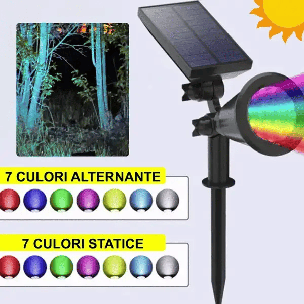NOU - Proiector LED cu Incarcare Solara, Lumina Colorata, 7 Culori, Reglabil, Cu Suport de Fixare