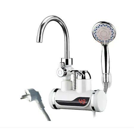 NOU - Robinet Electric Cu Dus, Pentru Incalzit Apa Instant, Cu Afisaj LED Al Temperaturii, Montare Pe Chiuveta, Putere 3000W, Alb