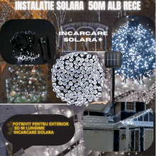 Încarcă imaginea în vizualizatorul Galerie, NOU - Instalatie De Craciun, Cu Incarcare Solara, LED-uri Mari, Rezistente La Intemperii, 500 LED, Alb Rece, 50m
