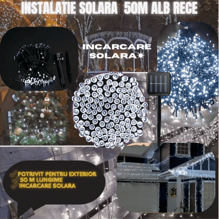 NOU - Instalatie De Craciun, Cu Incarcare Solara, LED-uri Mari, Rezistente La Intemperii, 500 LED, Alb Rece, 50m