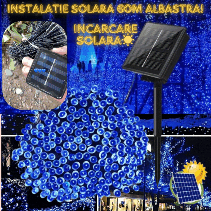 NOU - Instalatie De Craciun, Cu Incarcare Solara, LED-uri Mari, Rezistente La Intemperii, 60m, Albastru