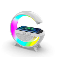 Încarcă imaginea în vizualizatorul Galerie, NOU - Statie 3 in 1 cu Lumina Ambientala RGB, Boxa Bluetooth si Incarcare Wireless Pentru Telefon, Alb
