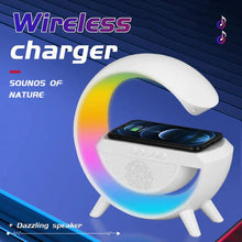 Încarcă imaginea în vizualizatorul Galerie, NOU - Statie 3 in 1 cu Lumina Ambientala RGB, Boxa Bluetooth si Incarcare Wireless Pentru Telefon, Alb
