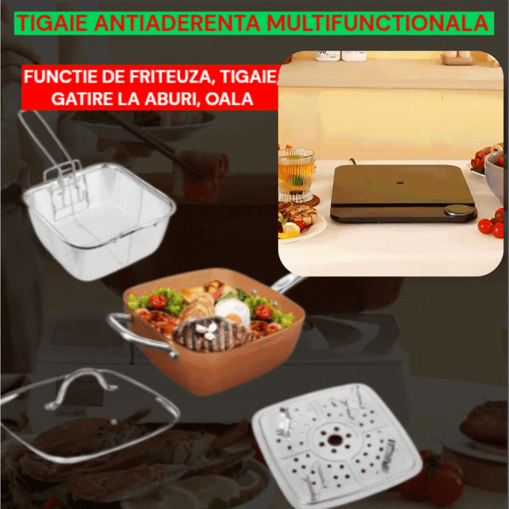 NOU - Tigaie Antiaderenta Multifunctionala, 5 Piese, Functie de Friteuza, Gatire La Aburi, 24 Cm + Capac