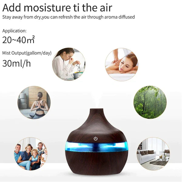 NOU - Difuzor Aromaterapie Cu Ultrasunete Si Umidificator Cu LED, 300 ml, Wenge + 12 uleiuri CADOU