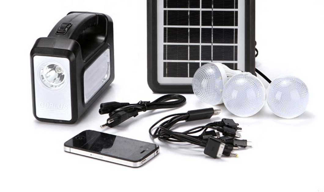 NOU: Kit camping panou solar Gdplus GD-7, 3 becuri, lanterna inclusa + usb incarcare